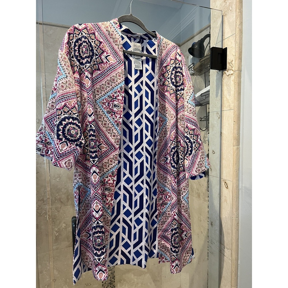 Chicos 2 Art-to-Wear Reversible Kimono Jacket Duster Blue Pink Floral Geometric